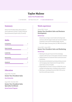 Senior Vice President Sales Resume Sample and Template