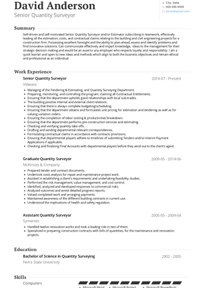 Senior Quantity Surveyor Resume Sample and Template