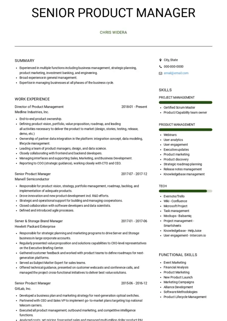 Experienced Product Manager resume