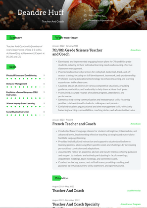 Teacher And Coach Resume Sample and Template