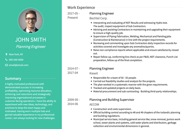 Two-column resume work experience example