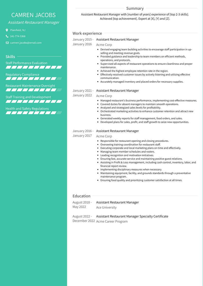 Assistant Restaurant Manager Resume Sample and Template