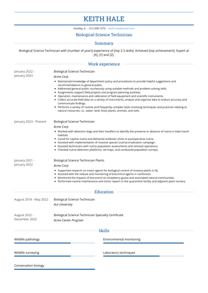 Biological Science Technician Resume Sample and Template