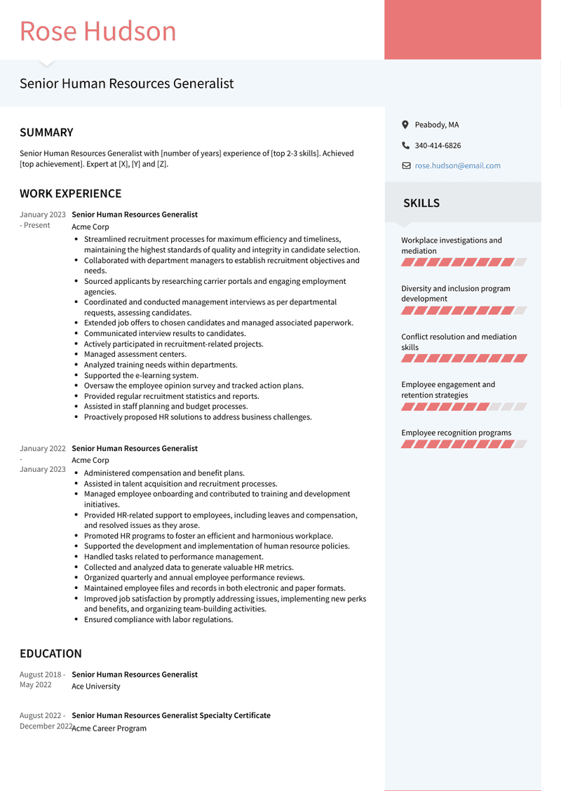 Senior Human Resources Generalist Resume Sample and Template