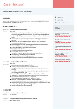 Senior Human Resources Generalist Resume Sample and Template