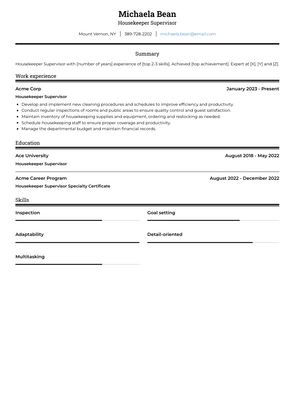 Housekeeper Supervisor Resume Sample and Template