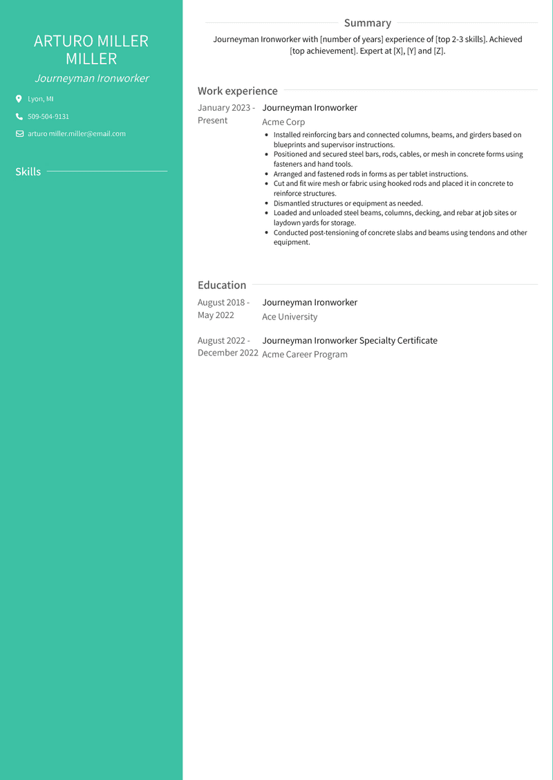 Journeyman Ironworker Resume Sample and Template