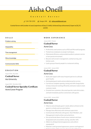 Cocktail Server Resume Sample and Template