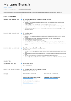 Press Operator Resume Sample and Template