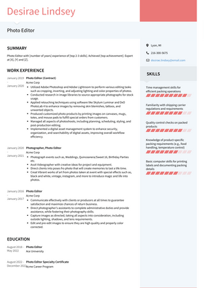 Photo Editor Resume Sample and Template