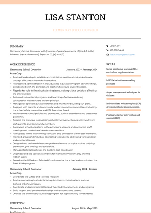 Elementary School Counselor Resume Sample and Template