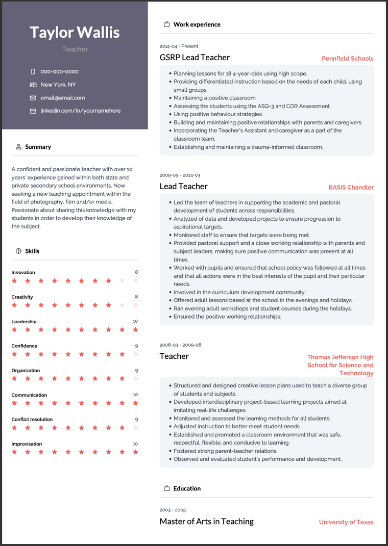 Teacher CV Example