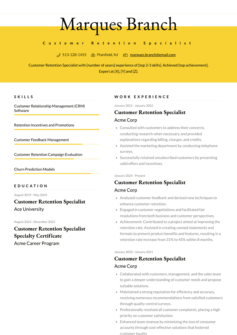 Customer Retention Specialist Resume Sample and Template