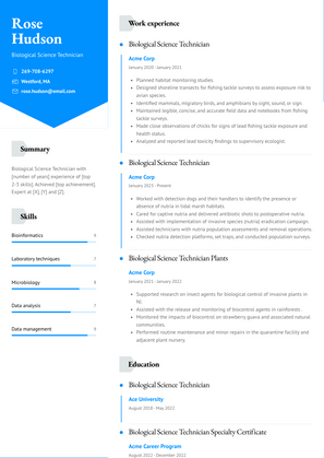 Biological Science Technician Resume Sample and Template