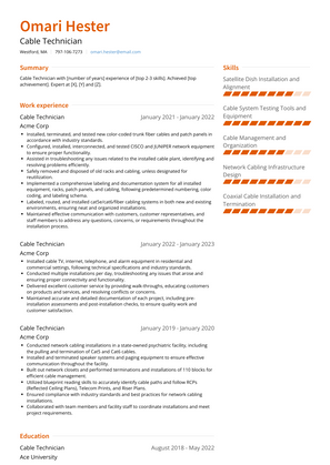 Cable Technician Resume Sample and Template