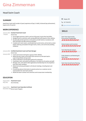 Head Swim Coach Resume Sample and Template