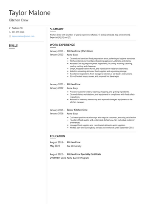 Kitchen Crew Resume Sample and Template