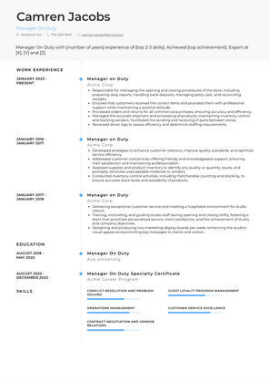 Manager On Duty Resume Sample and Template