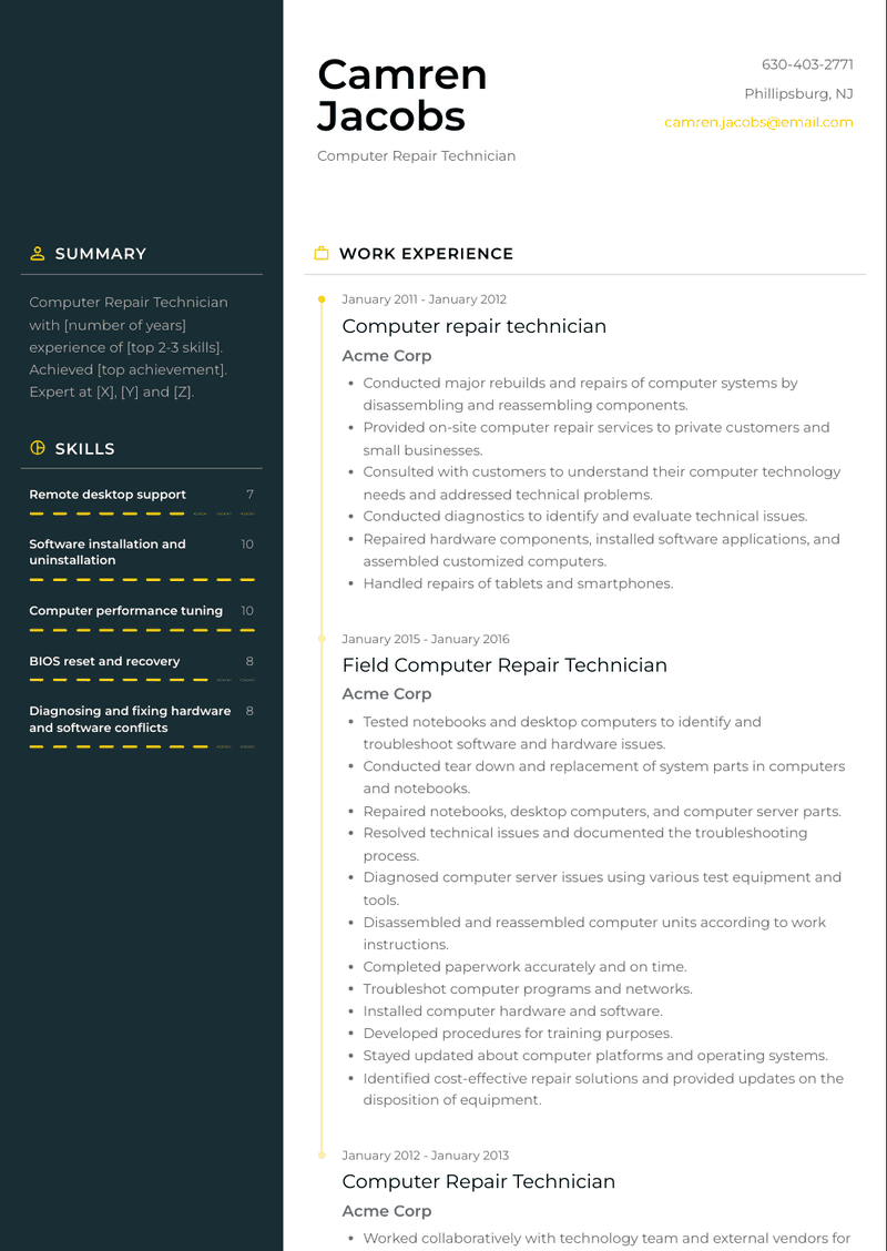 Computer Repair Technician Resume Sample and Template