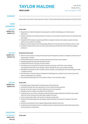 Group Leader Resume Sample and Template