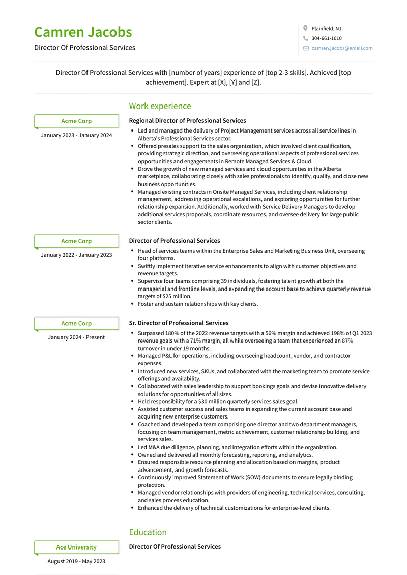Director Of Professional Services Resume Sample and Template