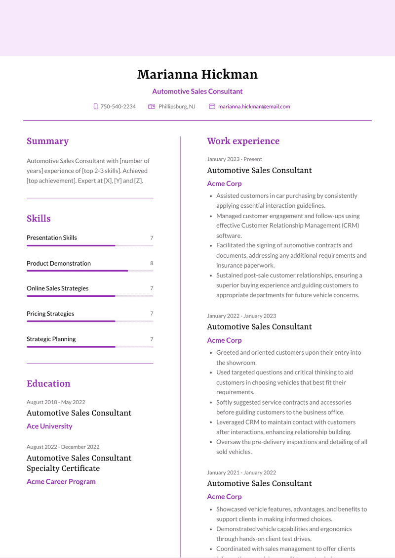 Automotive Sales Consultant Resume Sample and Template