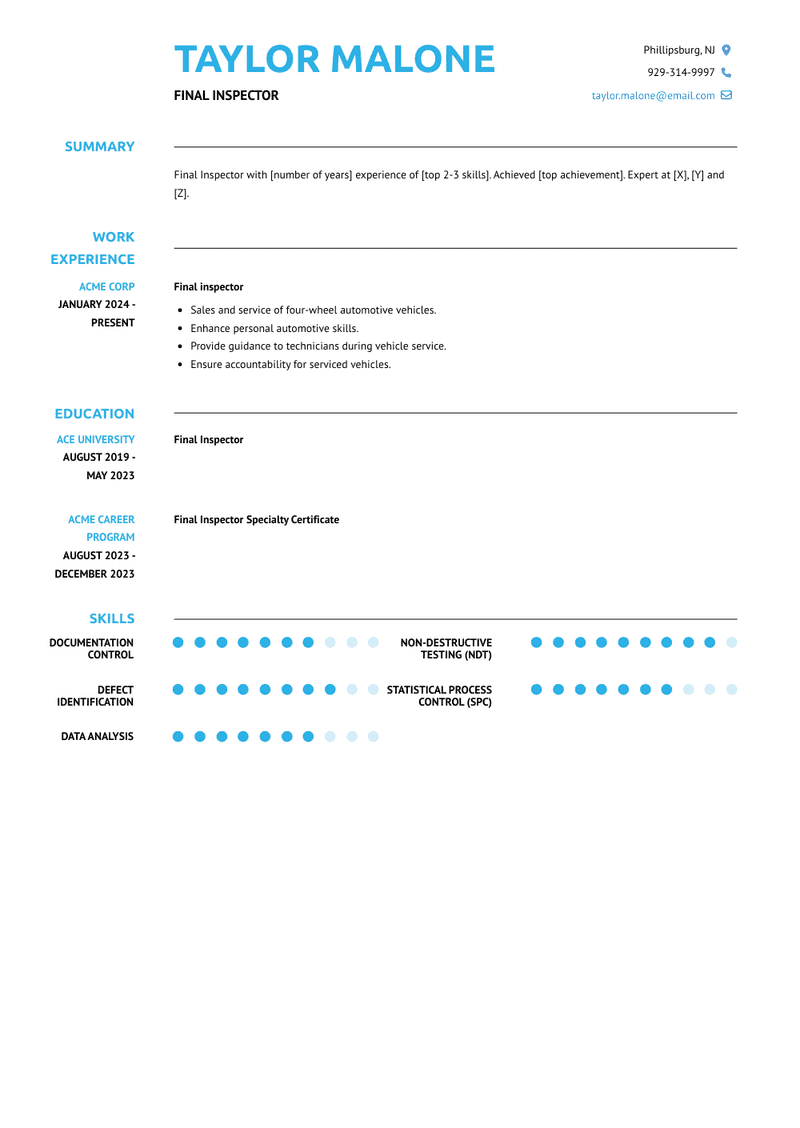 Final Inspector Resume Sample and Template