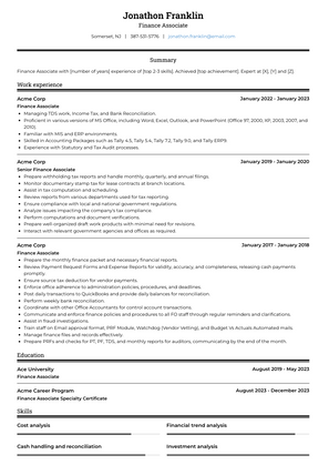 Finance Associate Resume Sample and Template