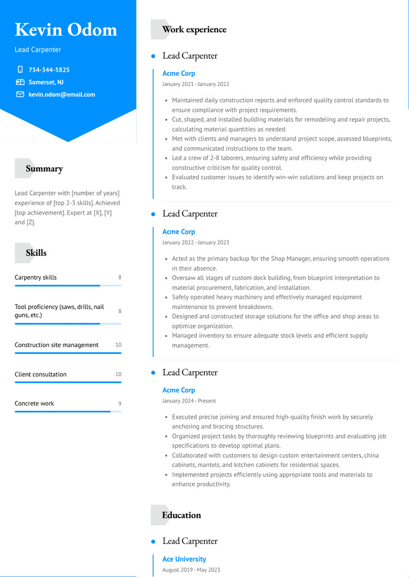 Lead Carpenter Resume Sample and Template