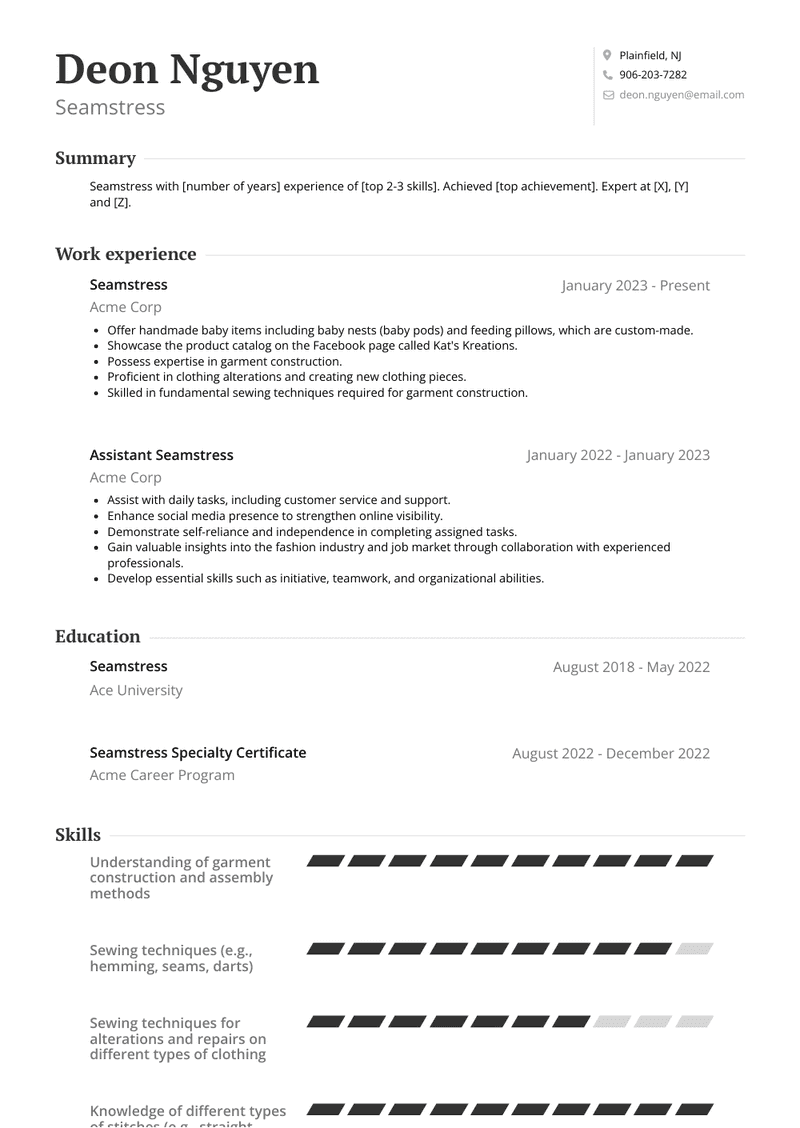 Seamstress Resume Sample and Template
