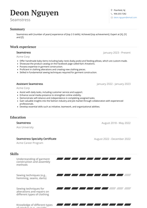 Seamstress Resume Sample and Template