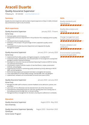 Quality Assurance Supervisor Resume Sample and Template