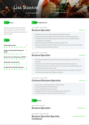 Business Specialist Resume Sample and Template