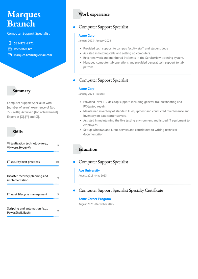 Computer Support Specialist Resume Sample and Template