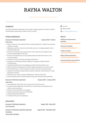 Insurance Verification Specialist Resume Sample and Template