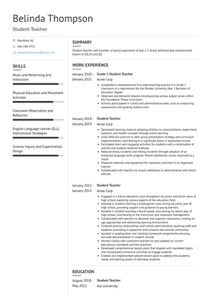 Student Teacher Resume Sample and Template