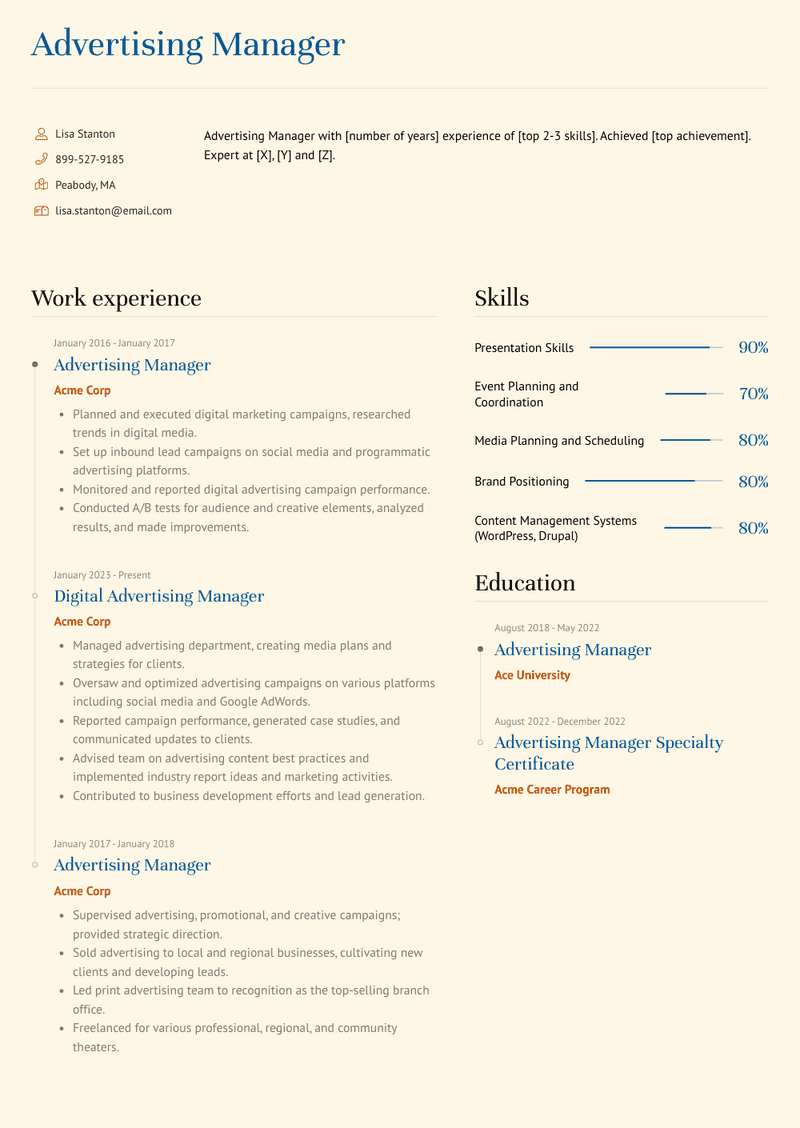 Advertising Manager Resume Sample and Template