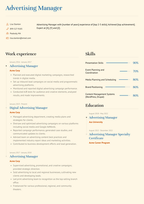 Advertising Manager Resume Sample and Template