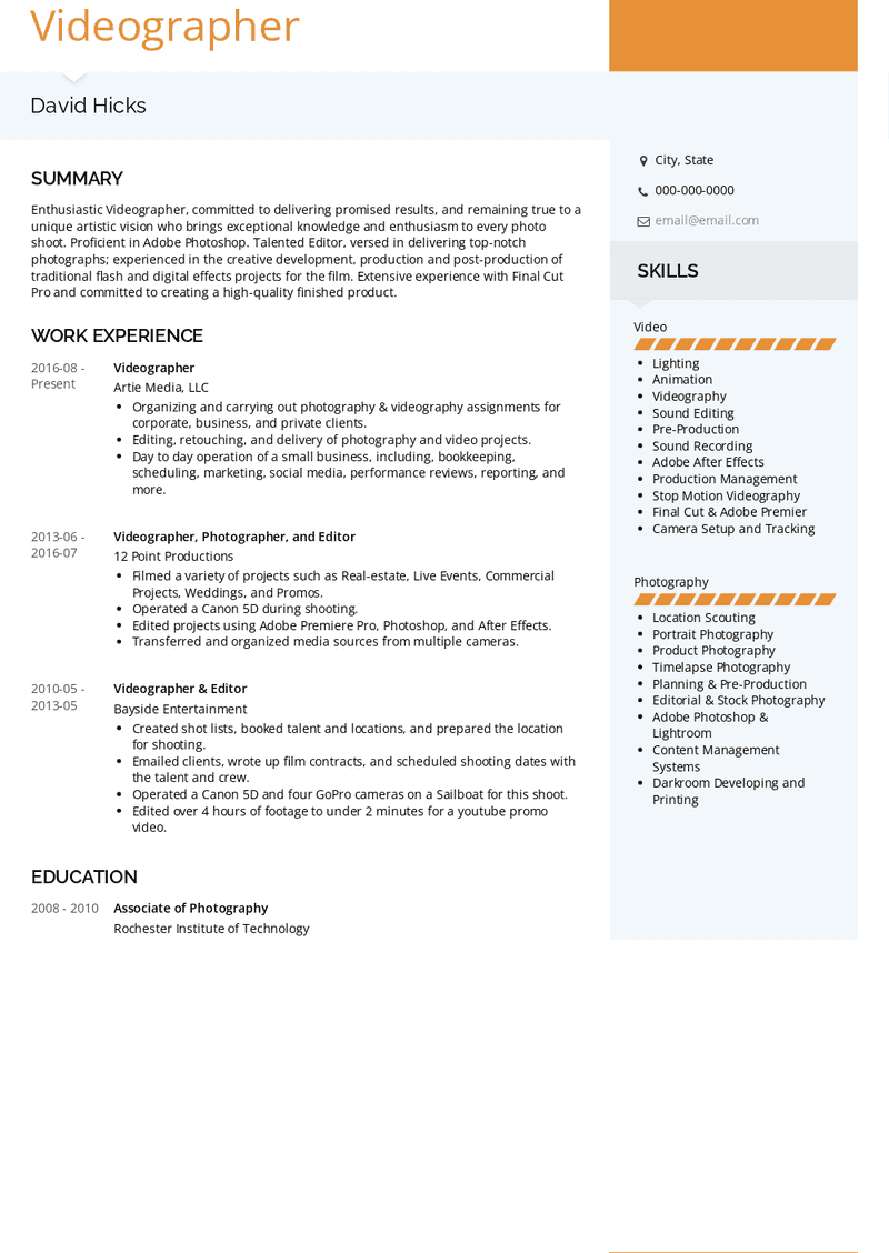 Videographer Resume Sample and Template