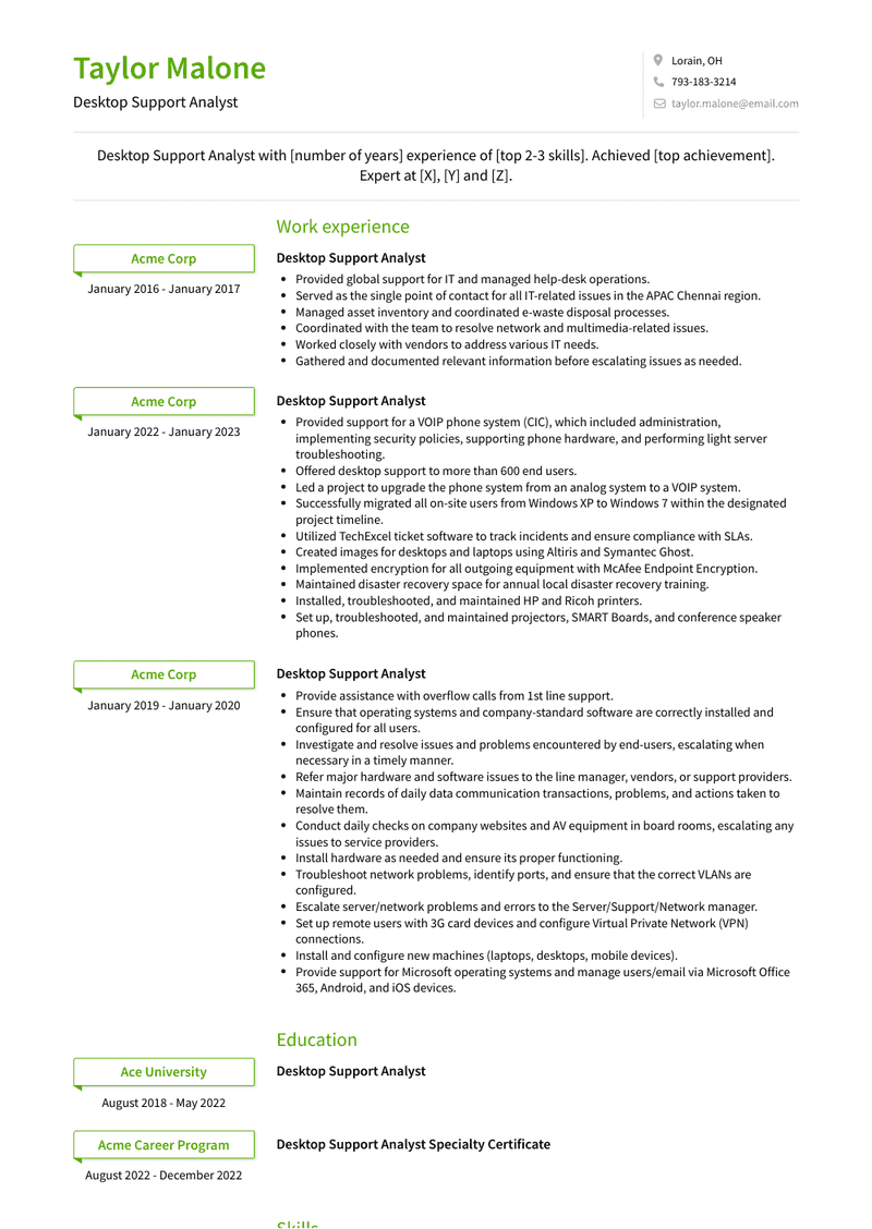 Desktop Support Analyst Resume Sample and Template