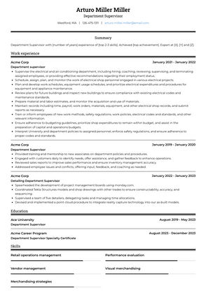 Department Supervisor Resume Sample and Template