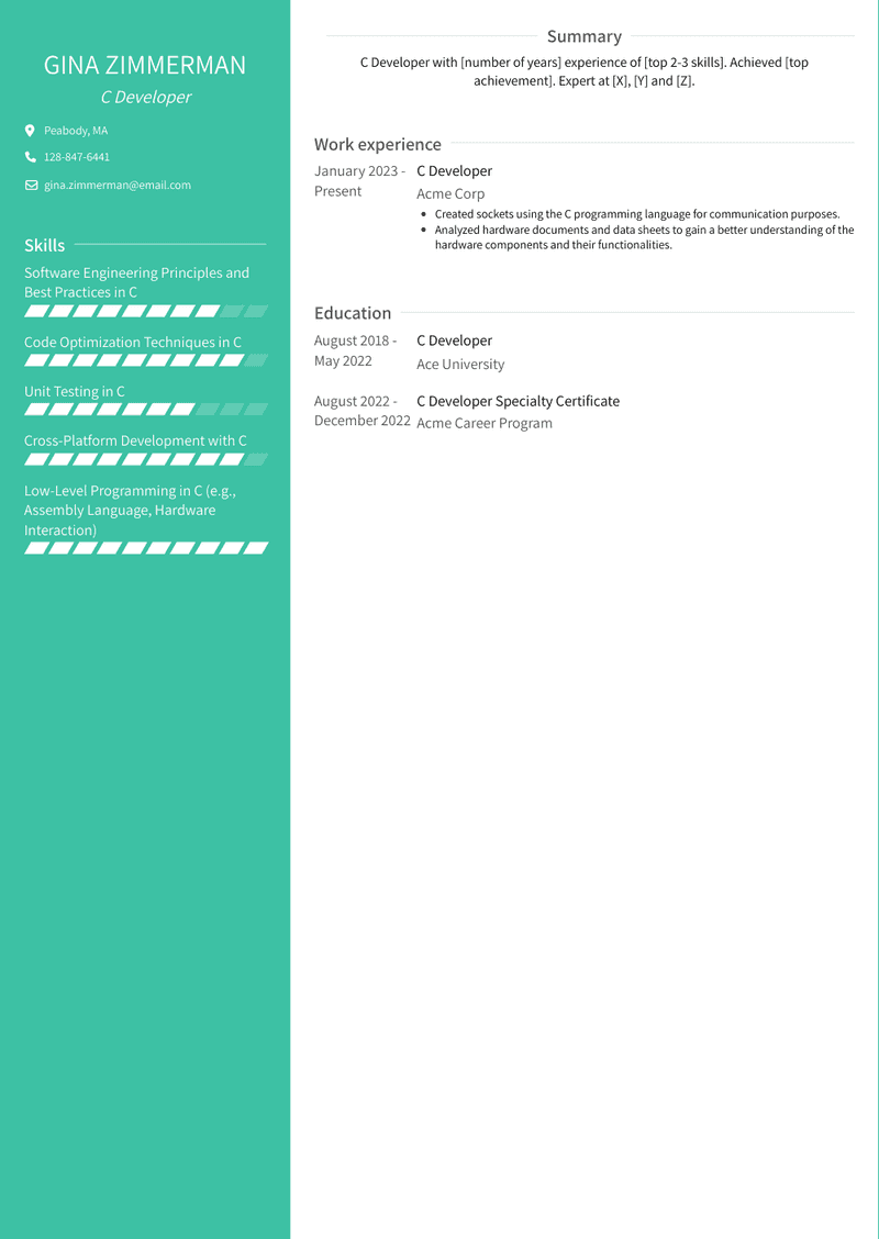 C Developer Resume Sample and Template