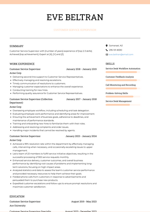 Customer Service Supervisor Resume Sample and Template