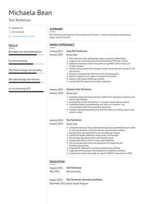 Test Technician Resume Sample and Template