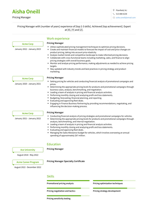 Pricing Manager Resume Sample and Template