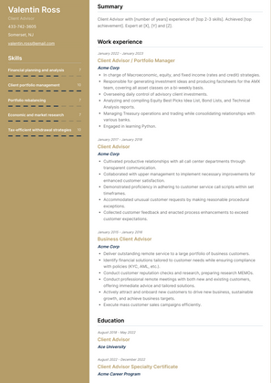 Client Advisor Resume Sample and Template