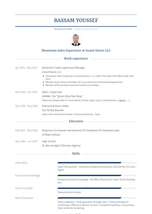 Showroom Sales Supervisor/ Manager Resume Sample and Template