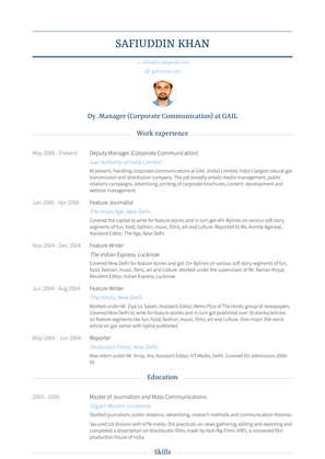 Deputy Manager (Corporate Communication) Resume Sample and Template