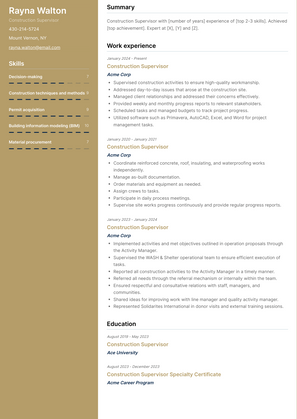 Construction Supervisor Resume Sample and Template