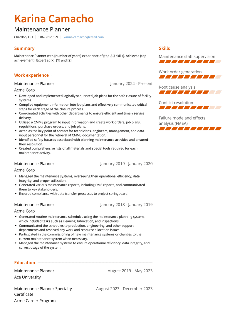 Maintenance Planner Resume Sample and Template